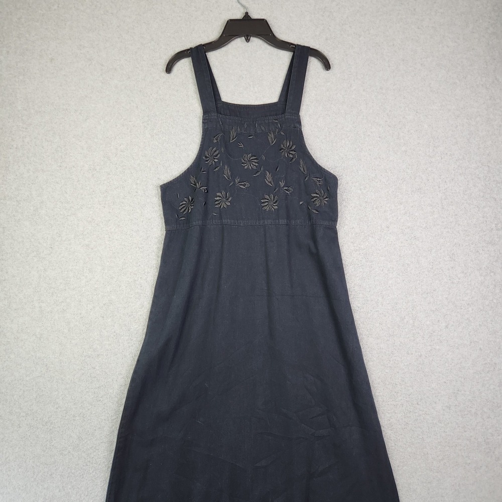 Baccini Maxi Pinafore Dress Women Small Black Embroidered Floral Boho Wide Strap